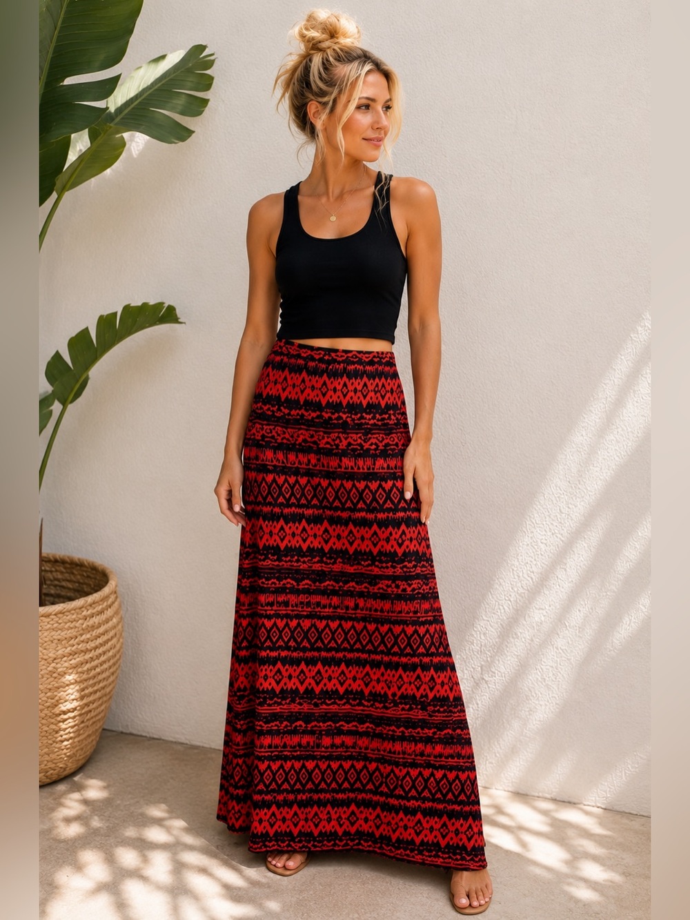 Mix & Co. Vibrant Deep Coral & Black Resort wear Beach Maxi Skirt Size Lg